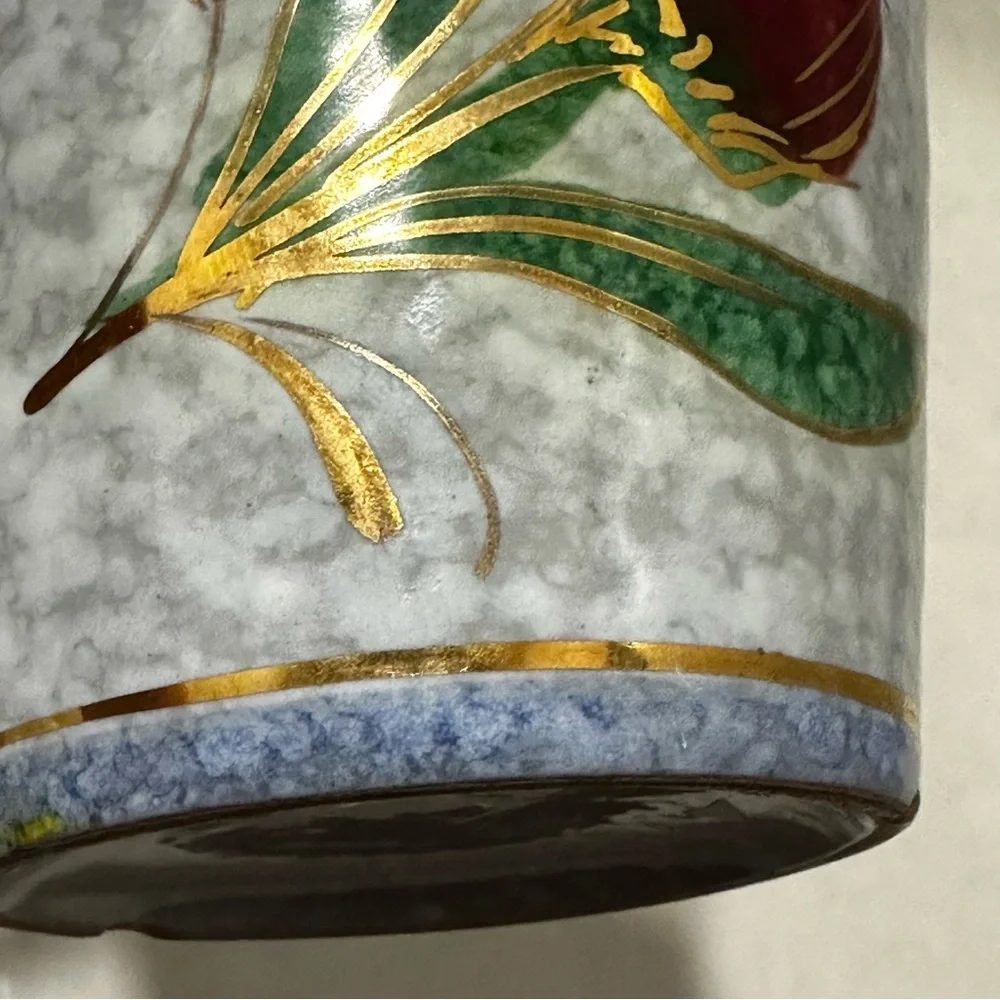 Vintage Italian Hand Painted Planter Marbled Blue Gold Rim Red Flower ITALY